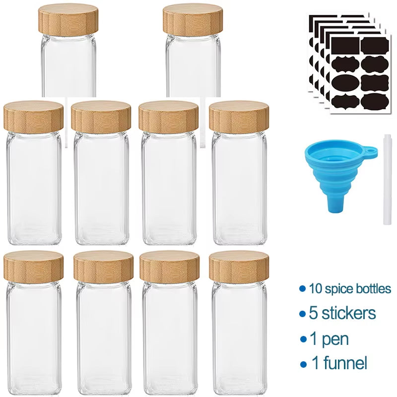Glass Spice Jars with Bamboo Lid Spice Seasoning Box Spice Containers Pot Salt Pepper Bottle Kitchen Supplies Organizer Jar Set