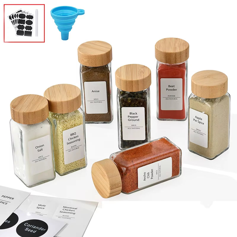 Glass Spice Jars with Bamboo Lid Spice Seasoning Box Spice Containers Pot Salt Pepper Bottle Kitchen Supplies Organizer Jar Set