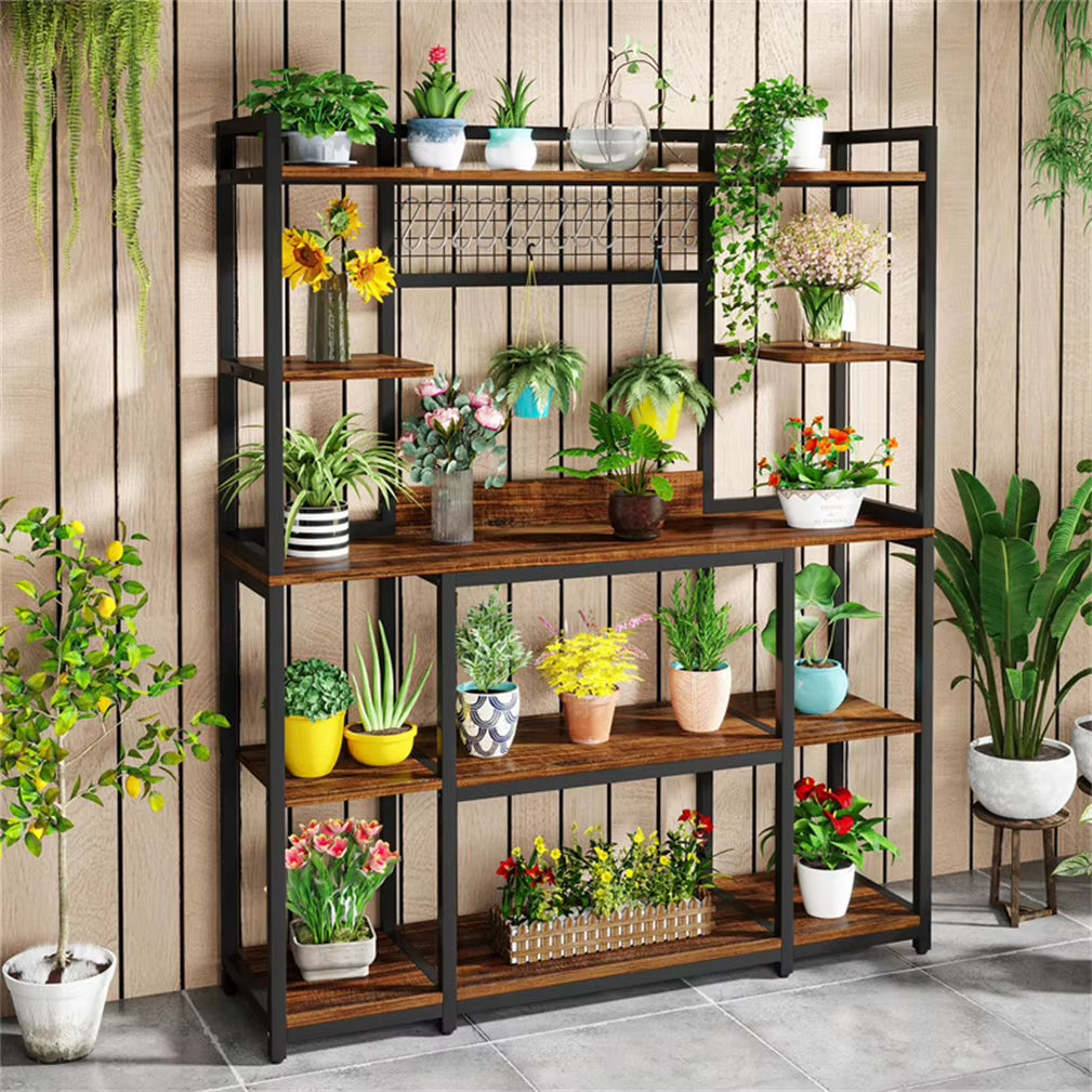 5 Tier Large Baker'S Rack Industrial Microwave Stand Kitchen Storage Rack with Hooks and Shelves for Spices Pots and Pans