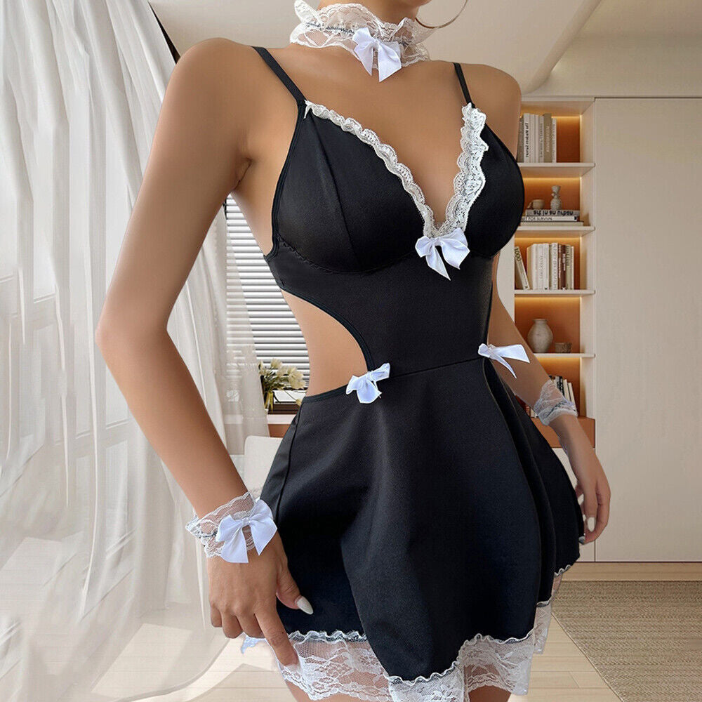 Womens Lace Sexy Lingerie French Maid Cosplay Costume Uniform Fancy Dress Outfit