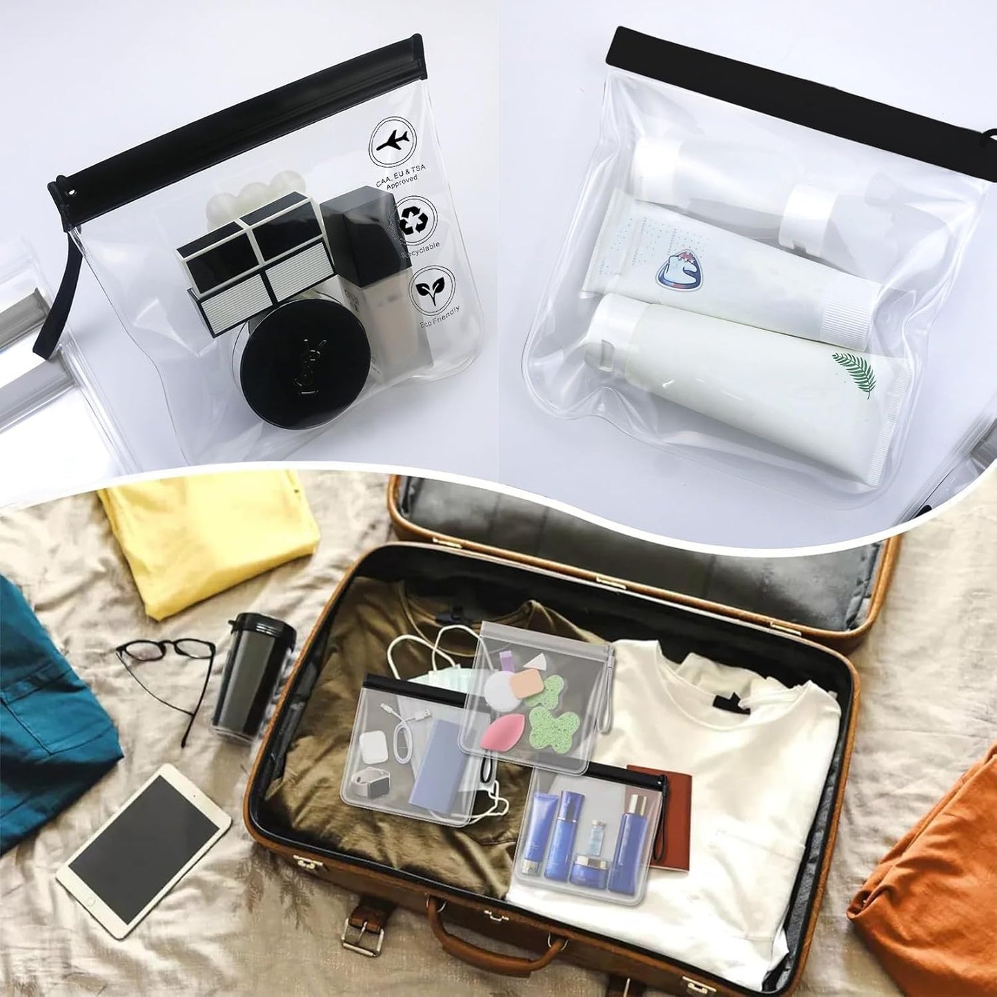4 Pcs Clear Liquid Bags for Airport Security Liquids Bags 20X20Cm, TSA Approved Travel Toiletry Bag, Leakproof Travel Bag (Black Clear 4PCS)