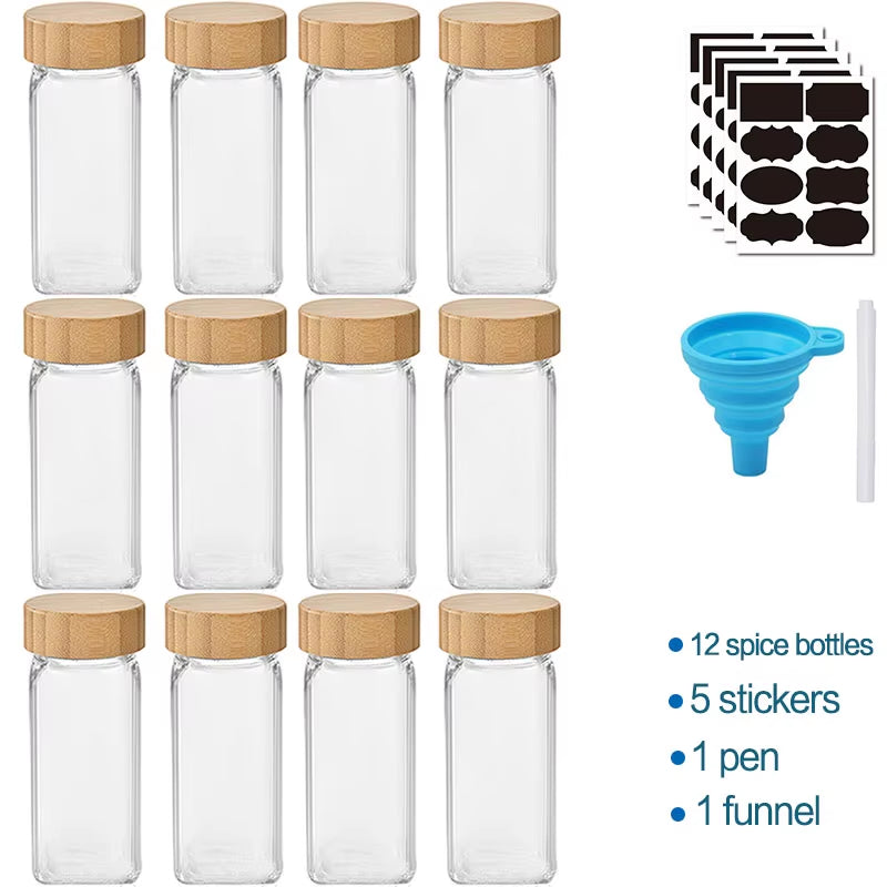 Glass Spice Jars with Bamboo Lid Spice Seasoning Box Spice Containers Pot Salt Pepper Bottle Kitchen Supplies Organizer Jar Set