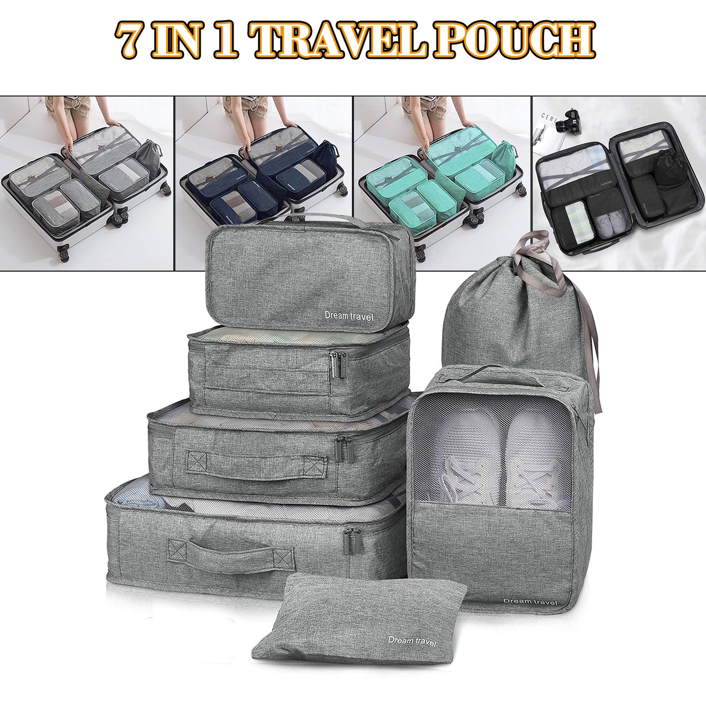 7Pcs Packing Cubes Luggage Storage Organiser Travel Compression Suitcase Bags