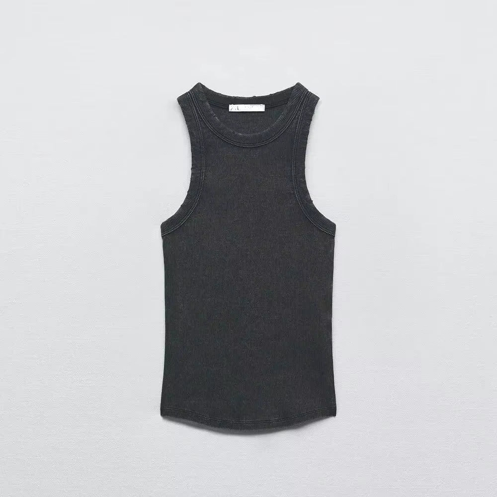 BMURHMZA Fashion New Water Wash Rib Simple Retro Workwear Women'S Tank Top
