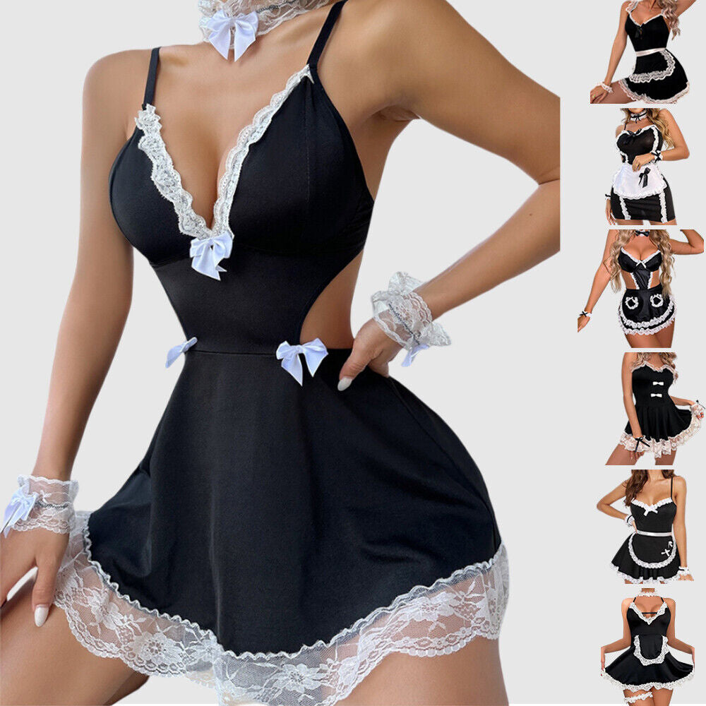 Womens Lace Sexy Lingerie French Maid Cosplay Costume Uniform Fancy Dress Outfit