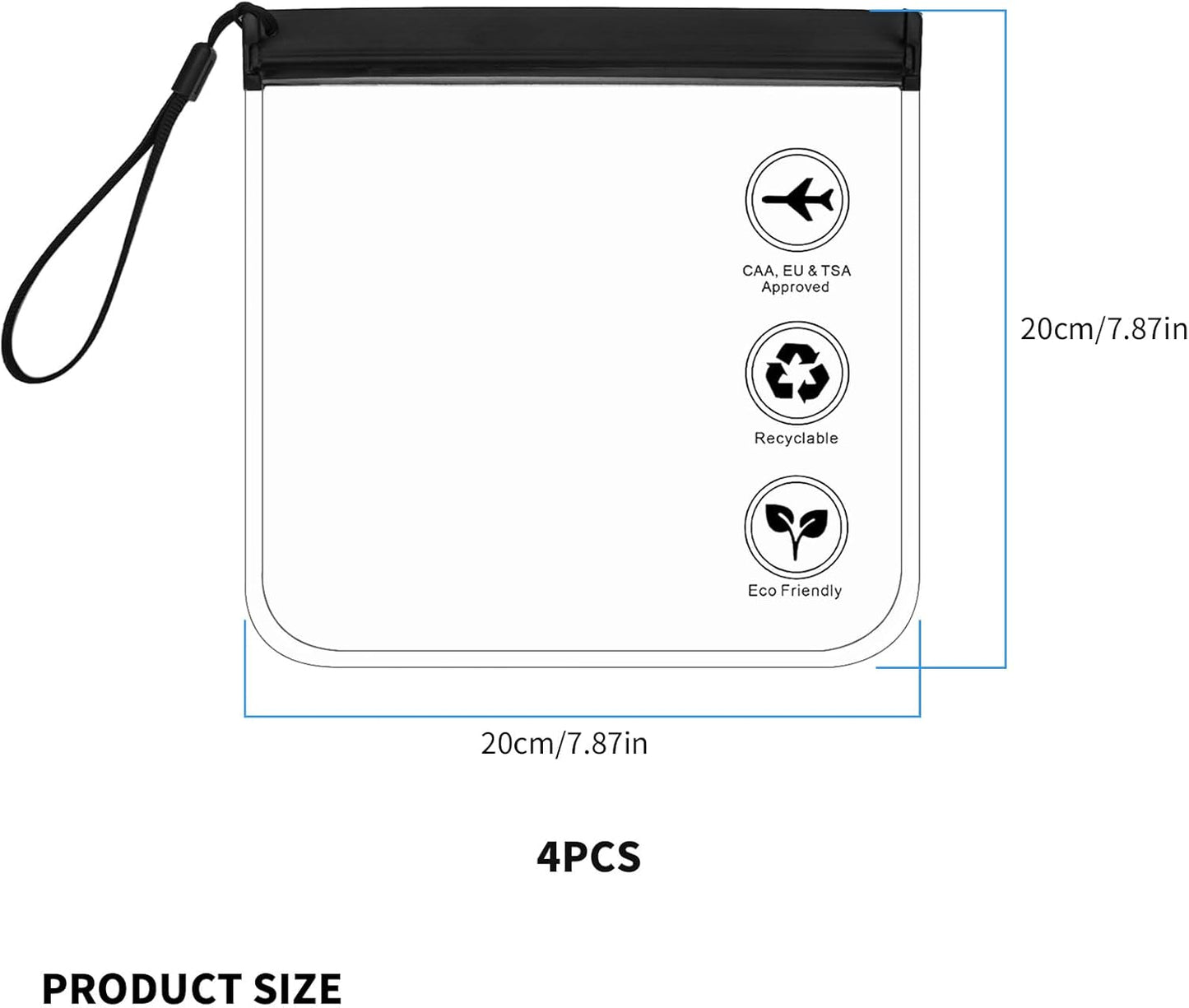 4 Pcs Clear Liquid Bags for Airport Security Liquids Bags 20X20Cm, TSA Approved Travel Toiletry Bag, Leakproof Travel Bag (Black Clear 4PCS)