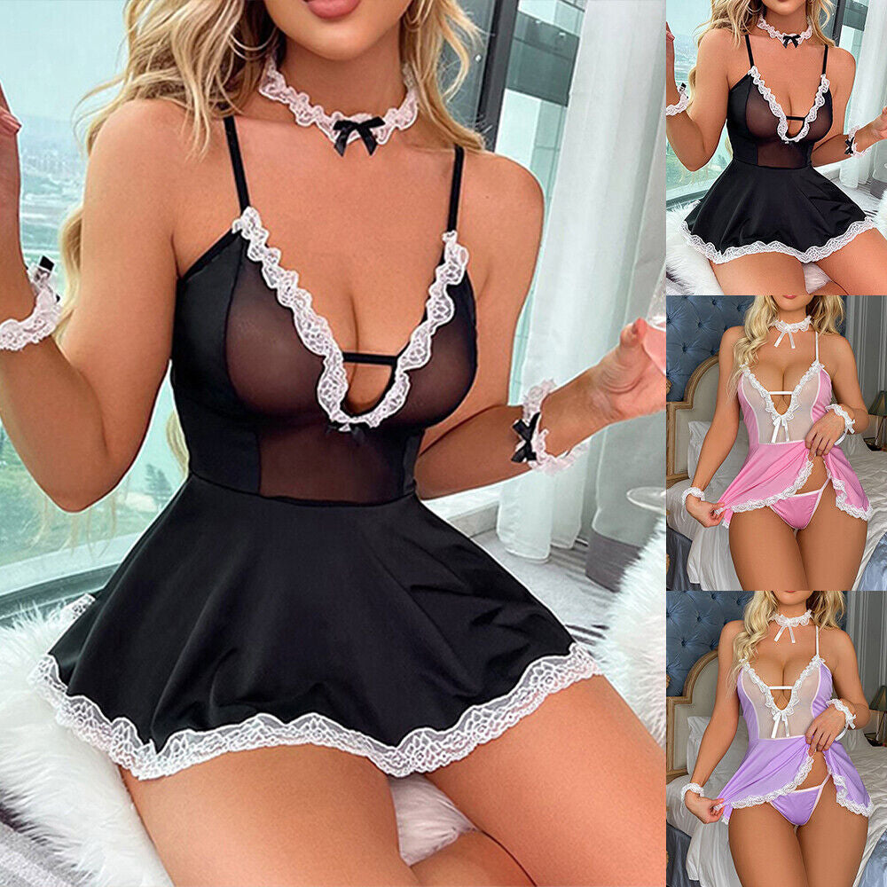 Womens Lace Sexy Lingerie French Maid Cosplay Costume Uniform Fancy Dress Outfit