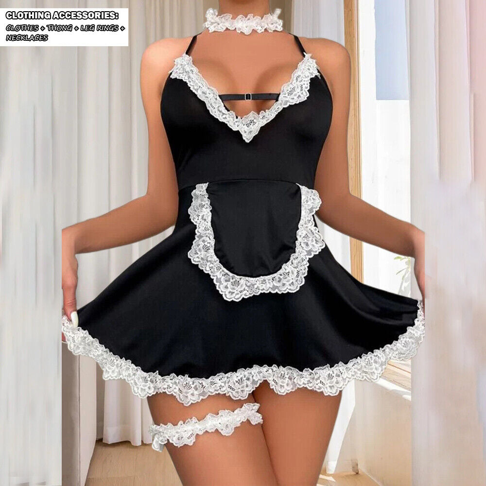 Womens Lace Sexy Lingerie French Maid Cosplay Costume Uniform Fancy Dress Outfit