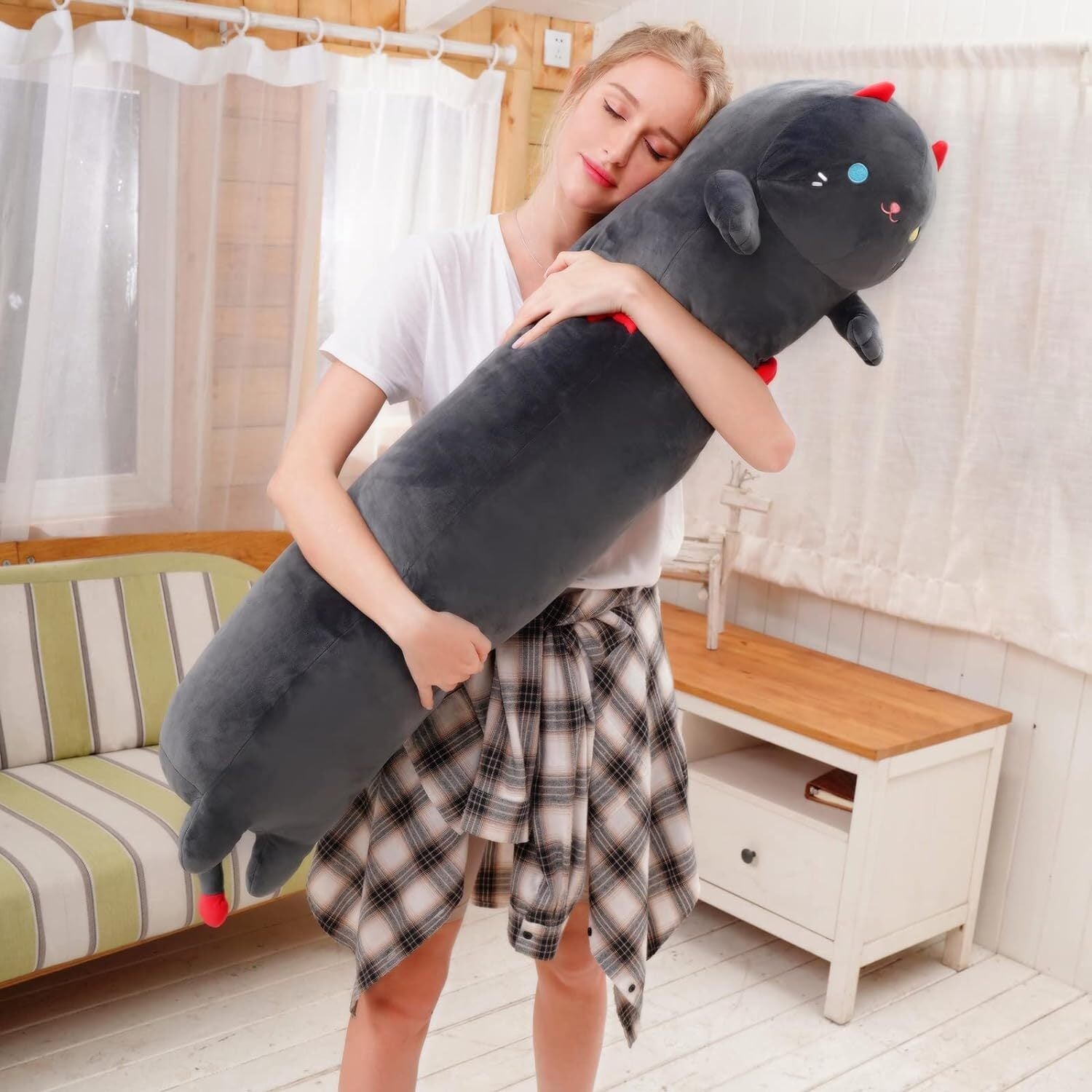 Long Cat Pillow Plush Sleeping Hugging Cushion Stuffed Cute Squishy Kitty Black