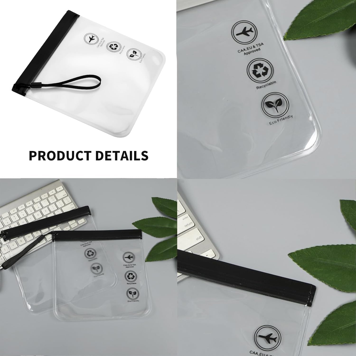 4 Pcs Clear Liquid Bags for Airport Security Liquids Bags 20X20Cm, TSA Approved Travel Toiletry Bag, Leakproof Travel Bag (Black Clear 4PCS)