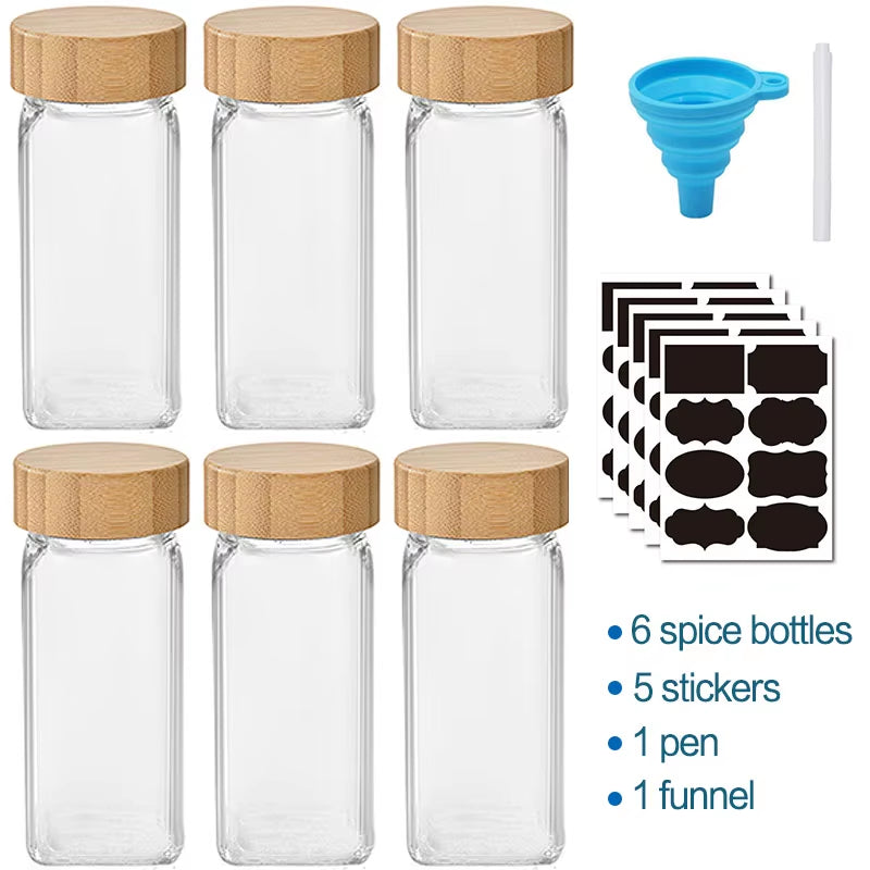 Glass Spice Jars with Bamboo Lid Spice Seasoning Box Spice Containers Pot Salt Pepper Bottle Kitchen Supplies Organizer Jar Set