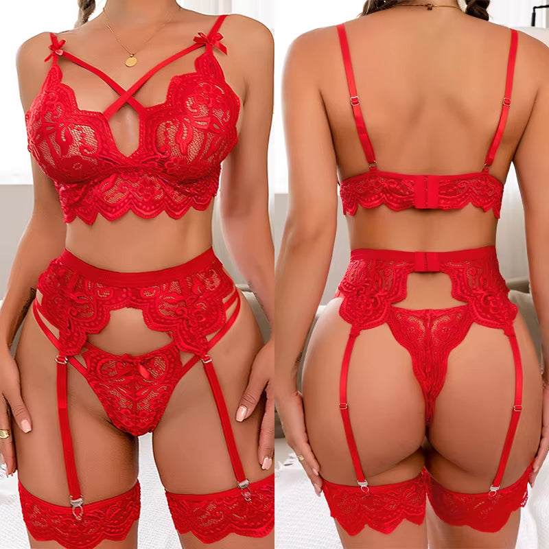 For Women Transparent Lingerie Women'S Underwear See through Lingerie Sets Hollow Out Three-Piece Set Female Sexy Costumes