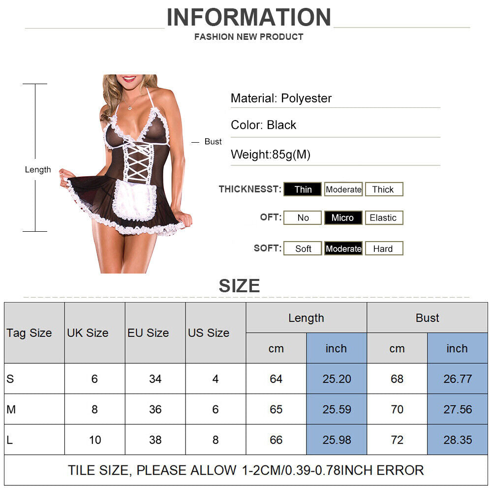 Womens Lace Sexy Lingerie French Maid Cosplay Costume Uniform Fancy Dress Outfit