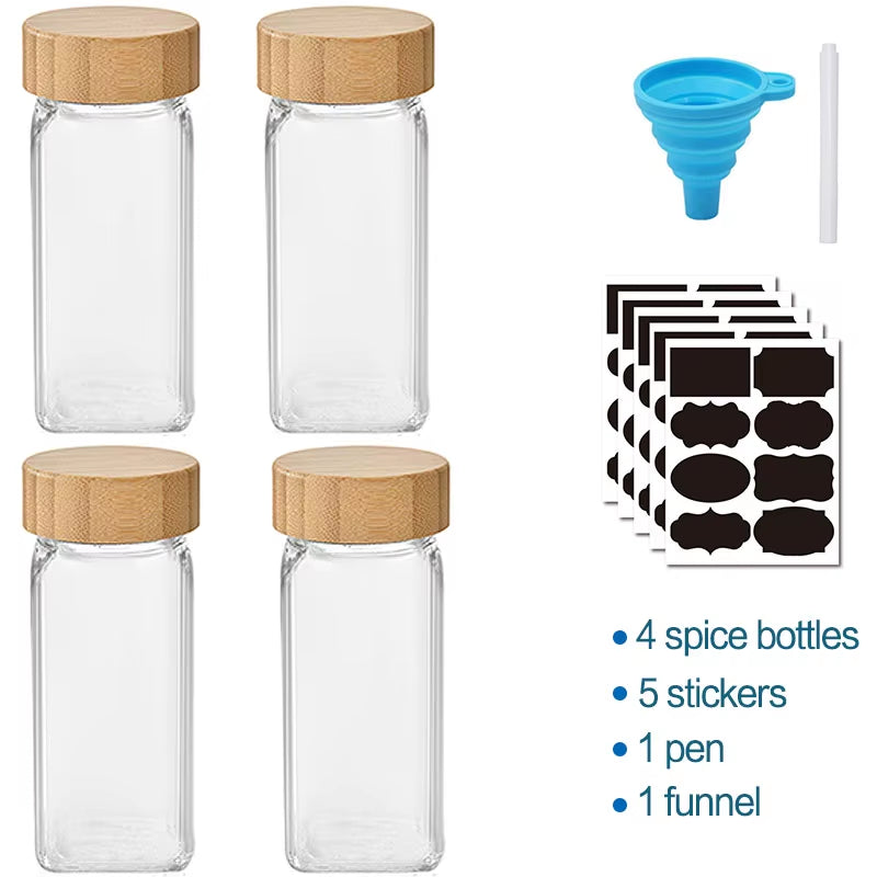 Glass Spice Jars with Bamboo Lid Spice Seasoning Box Spice Containers Pot Salt Pepper Bottle Kitchen Supplies Organizer Jar Set