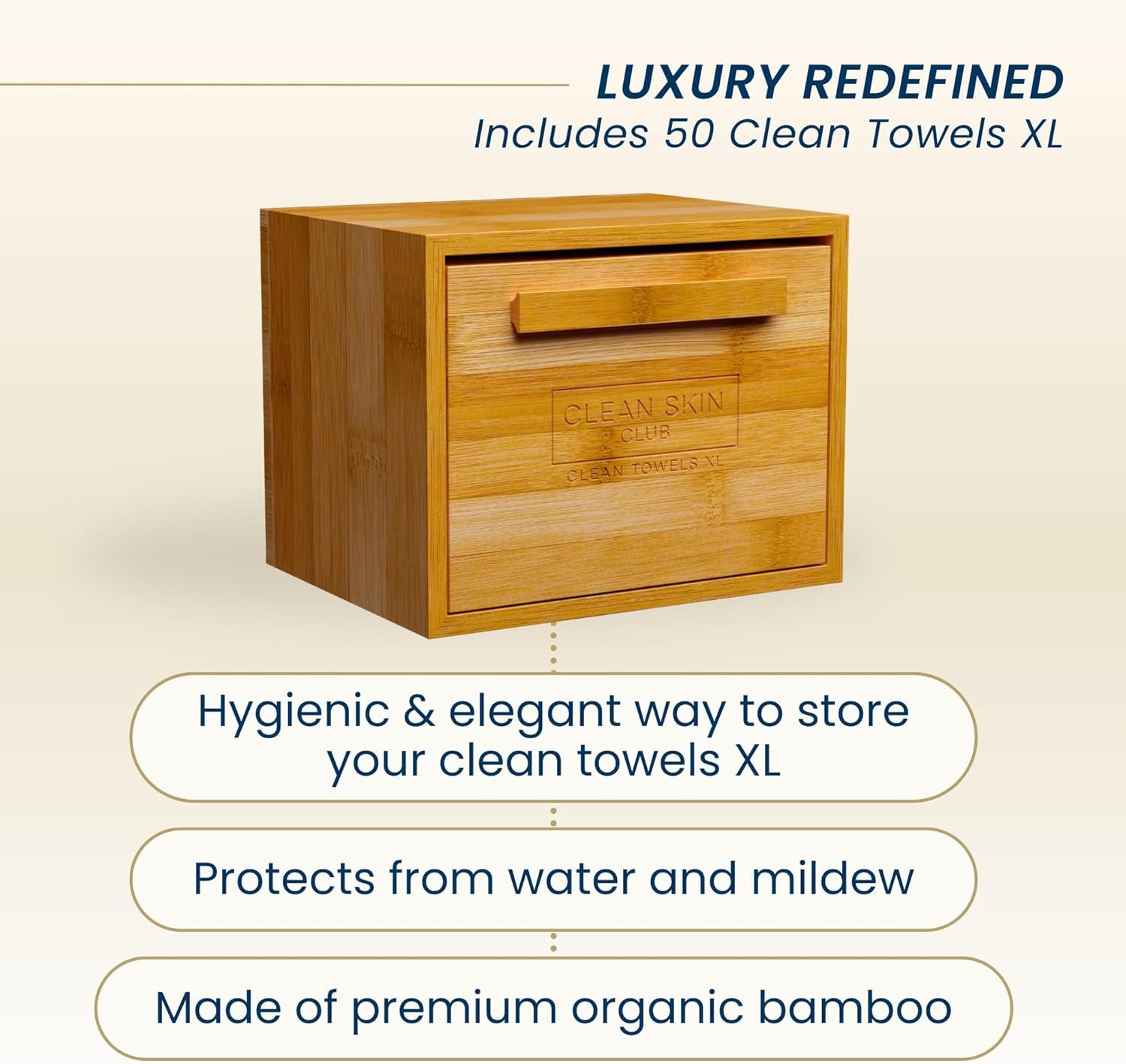 Luxe Bamboo Box with Drawer & Towels XL, Face Towel, Disposable Makeup Remover Dry Wipes, Facial Wash (Bamboo Container Drawer)