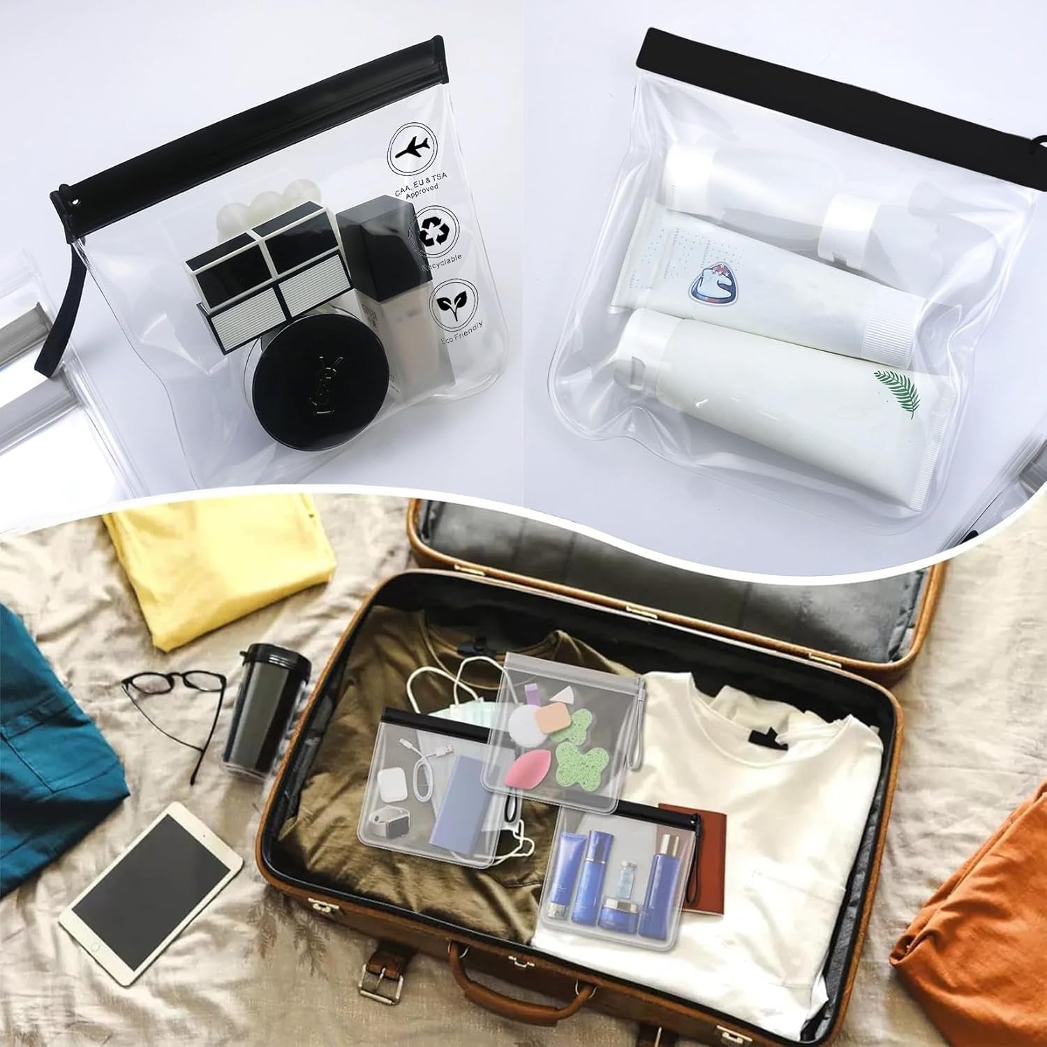 4 Pcs Clear Liquid Bags for Airport Security Liquids Bags 20X20Cm, TSA Approved Travel Toiletry Bag, Leakproof Travel Bag (Black Clear 4PCS)