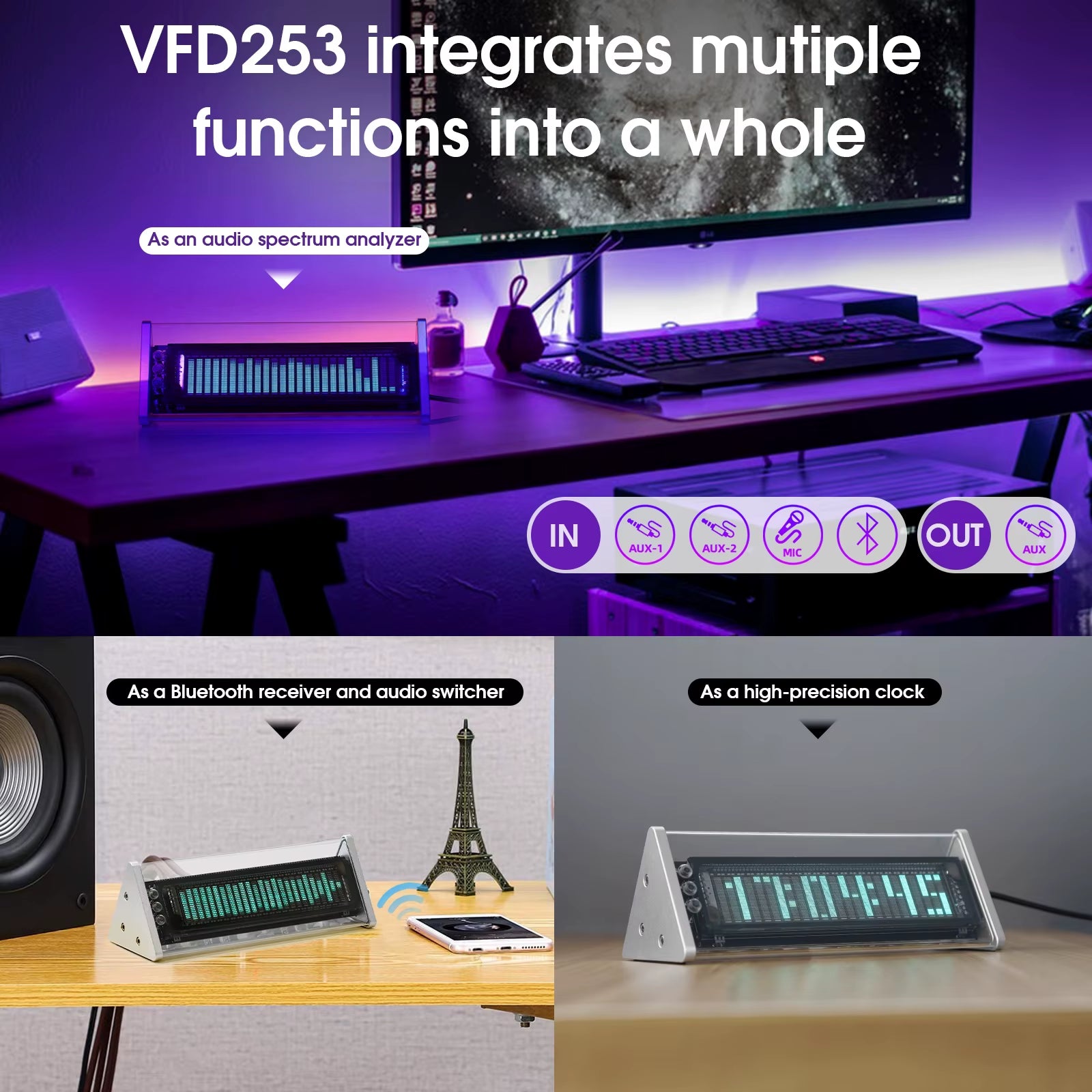 Nobsound Bluetooth 5.0 VFD Clock Music Spectrum Display Screen Sound Level Meter 3.5Mm AUX Audio Switcher Box