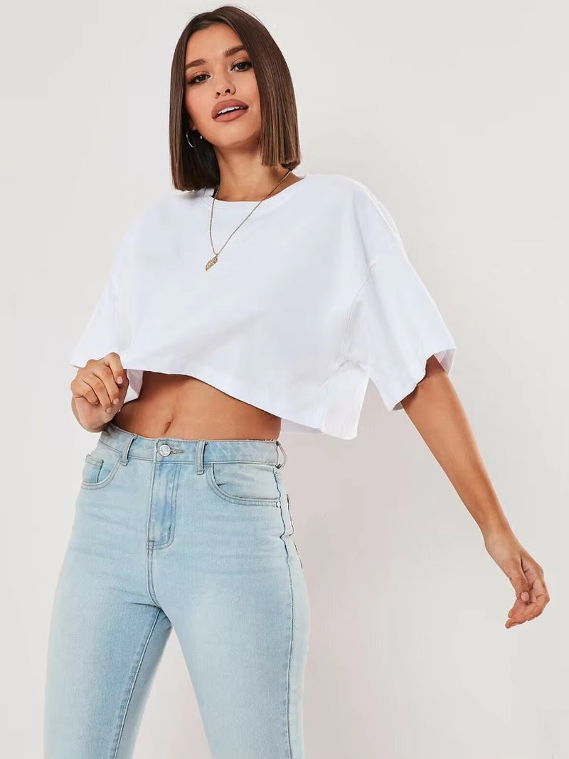 Cotton Women Short Sleeve Dance Running Clothes Yoga Fitness Crop Top Navel Baring New Sport T-Shirt Loose Gym Workout Shirts