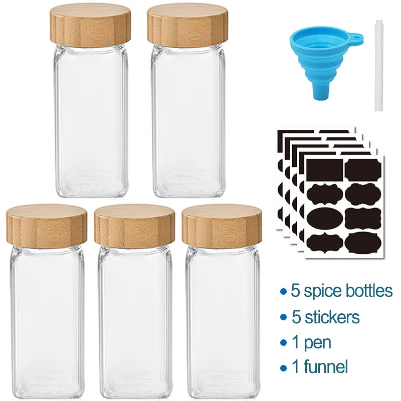 Glass Spice Jars with Bamboo Lid Spice Seasoning Box Spice Containers Pot Salt Pepper Bottle Kitchen Supplies Organizer Jar Set