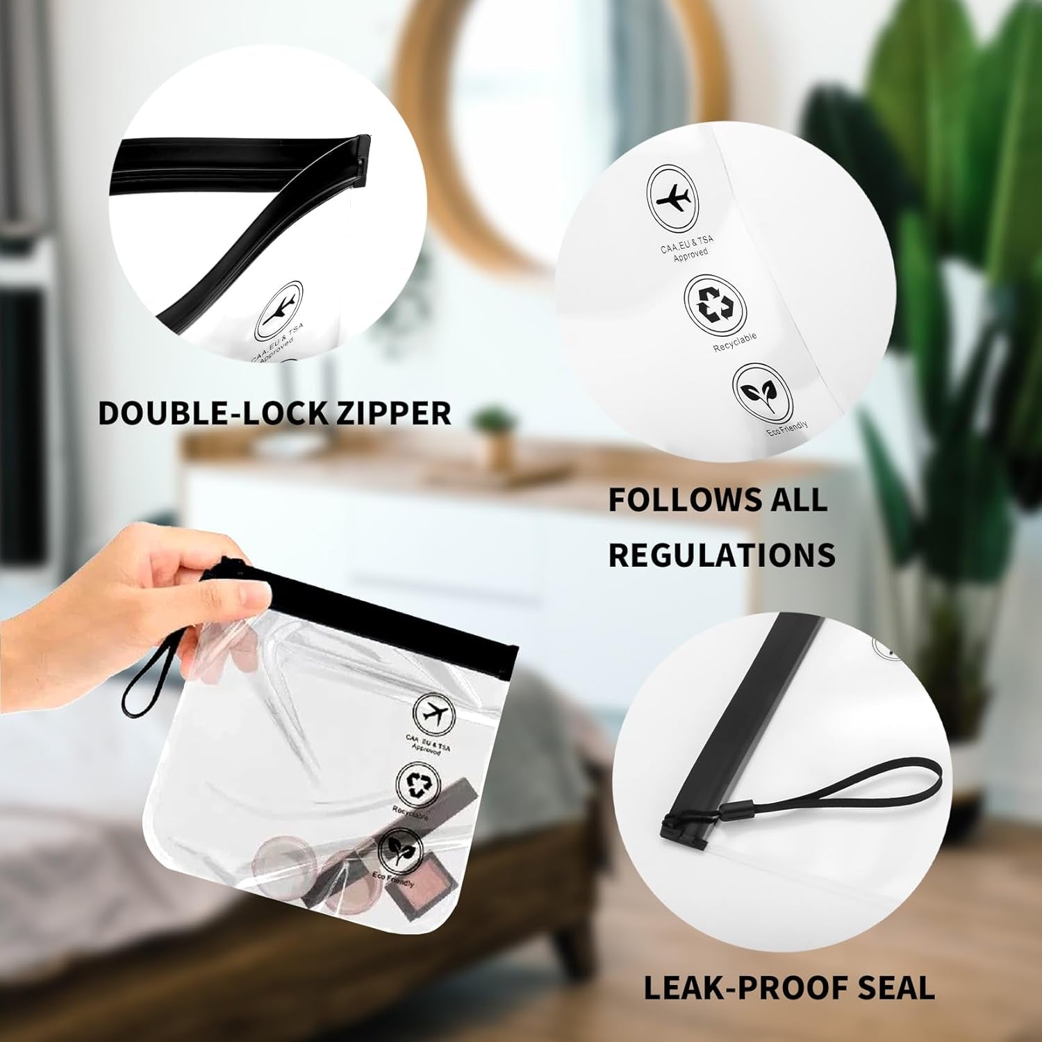 4 Pcs Clear Liquid Bags for Airport Security Liquids Bags 20X20Cm, TSA Approved Travel Toiletry Bag, Leakproof Travel Bag (Black Clear 4PCS)