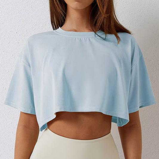 Cotton Women Short Sleeve Dance Running Clothes Yoga Fitness Crop Top Navel Baring New Sport T-Shirt Loose Gym Workout Shirts