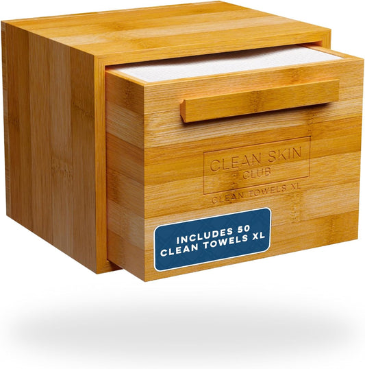 Luxe Bamboo Box with Drawer & Towels XL, Face Towel, Disposable Makeup Remover Dry Wipes, Facial Wash (Bamboo Container Drawer)