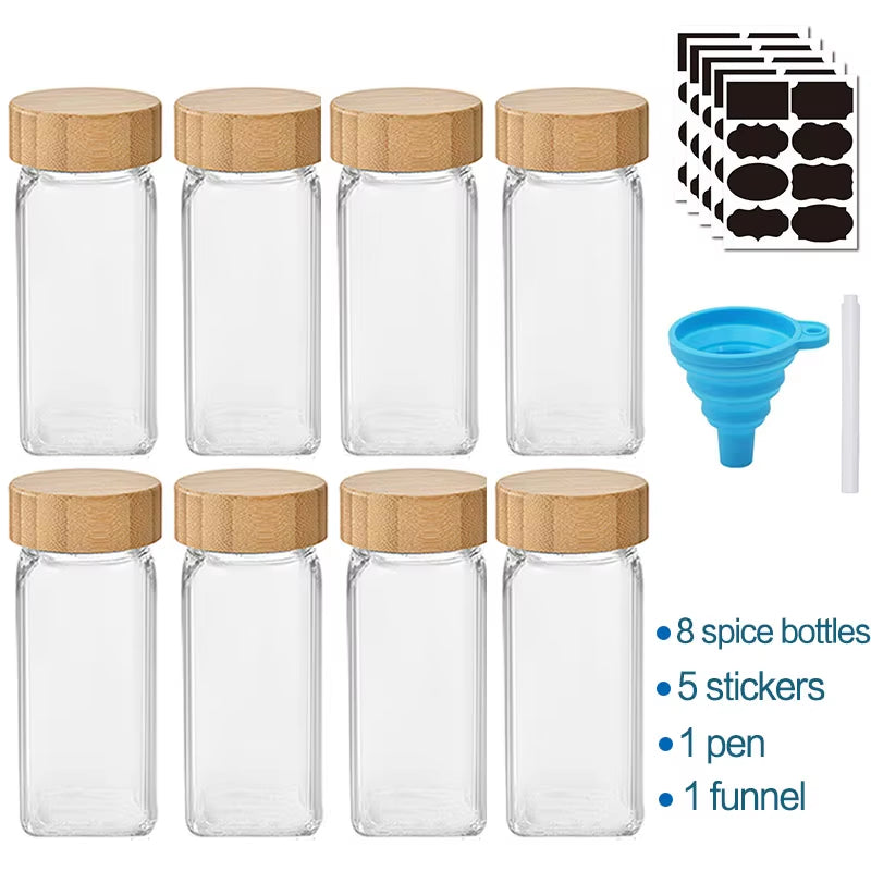 Glass Spice Jars with Bamboo Lid Spice Seasoning Box Spice Containers Pot Salt Pepper Bottle Kitchen Supplies Organizer Jar Set