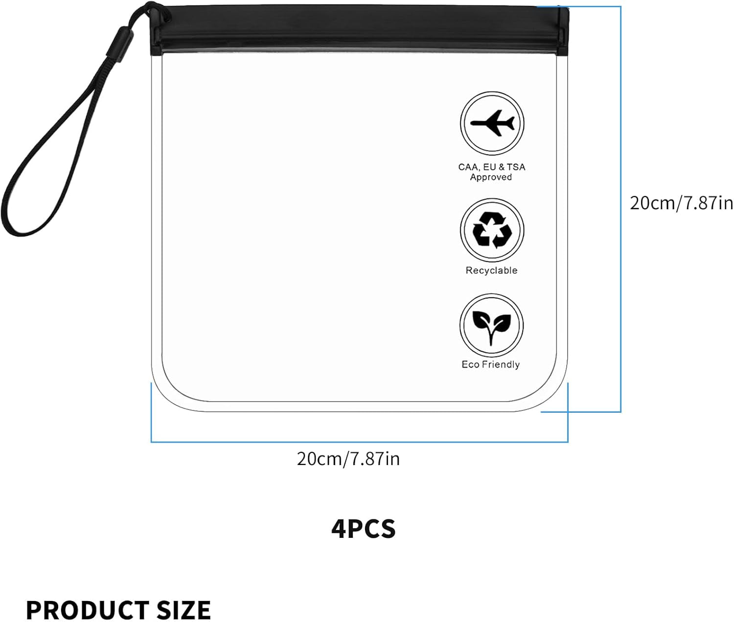 4 Pcs Clear Liquid Bags for Airport Security Liquids Bags 20X20Cm, TSA Approved Travel Toiletry Bag, Leakproof Travel Bag (Black Clear 4PCS)