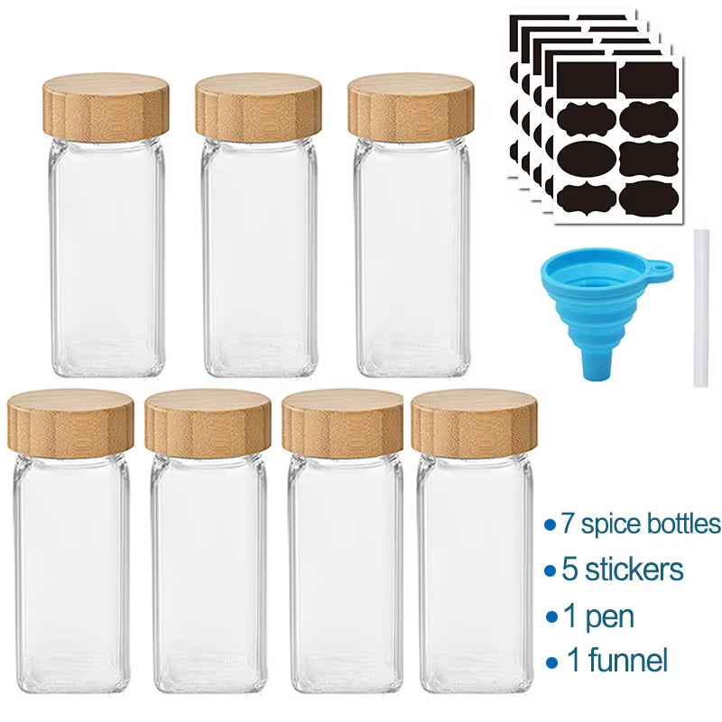Glass Spice Jars with Bamboo Lid Spice Seasoning Box Spice Containers Pot Salt Pepper Bottle Kitchen Supplies Organizer Jar Set