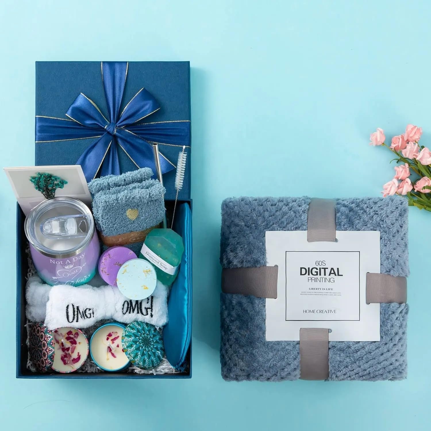 Gifts for Women, Mom, Wife, Mum, Girlfriend, Best Friend, Her Happy Birthday, Mothers Day, Get Well Soon, Gift Spa Basket Set, Hamper Box, Tumbler, Bath Care Kit Pamper Sweet Present (Blanket)